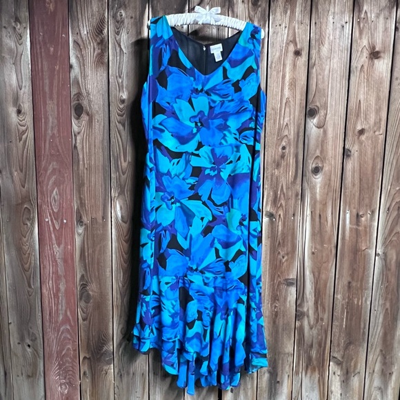 Chico’s 100% Silk Elegant Watercolor Blue Teal Floral Ruffle Maxi Dress Sz Large - Picture 6 of 11